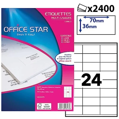 Image de OFFICE STAR 2400 Étiquettes Autocollantes Multi Usages Blanches Personnalisables Imprimables Format 70 x 36 mm Impression Laset Jet d&#039;Encre et Copieur