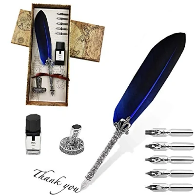 Image de stylo Dip à Plume, Plume d&#039;oie Encre, Set de Calligraphie Vintage avec 5 Plumes Rechange, Porte (bleu)