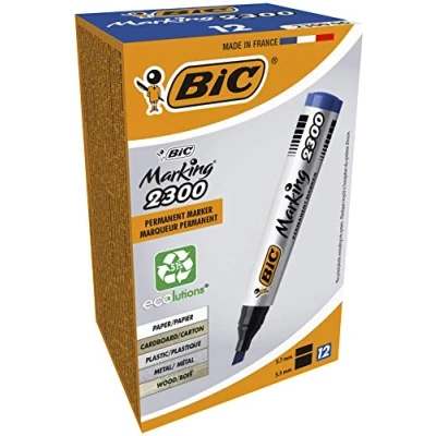 Image de BIC Marking 2300 ECOlutions Marqueurs Permanents à Pointe Moyenne Biseautée Bleu, Boîte de 12
