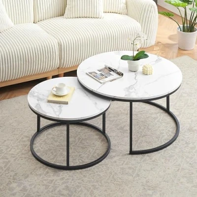 Image de Ginhow table basse Aspect marbre, d&#039;appoint pour salon, Diamètre 80 + 60 cm, Grande ronde, MDF, marbre blanc et structure en acier noir