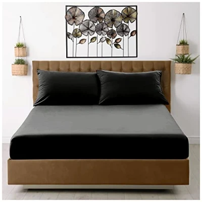 Image de Drap Housse Noir pour lit King Size uni avec Coins élastiques Tissu Polyester
