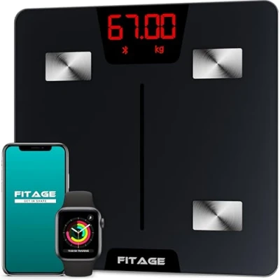 Image de FITAGE Balance Pese Personne Numérique, Connectée avec analyse corporelle en 17 étapes Pèse fiable et précis, Graisse, IMC, poids, protéines, BMR plus Impédancemètre, Noir