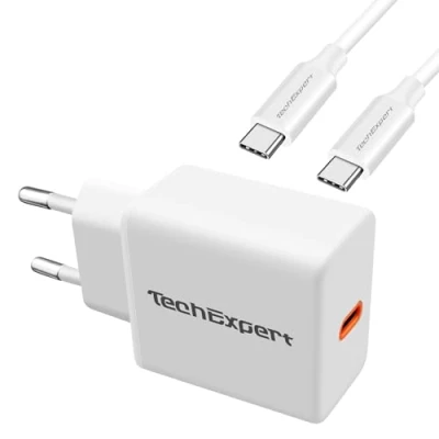Image de TechExpert Chargeur Rapide Power Delivery 20W Compatible iphone 15 15Pro 15Plus et Tous Smartphones tablettes USB Type C (Blanc + Cable C/C)