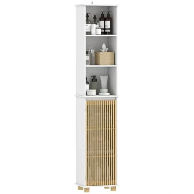 Image de Colonne salle de bain HOMCOM porte à lattes en bambou et compartiments ouverts 35 x 26 173 cm blanc