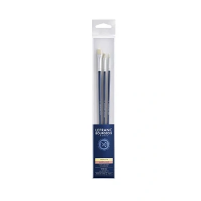 Image de Lefranc Bourgeois Set de 3 Pinceaux en Soie Porc Rond n4/Plat n8/Usé Bombé n4 Manche Long