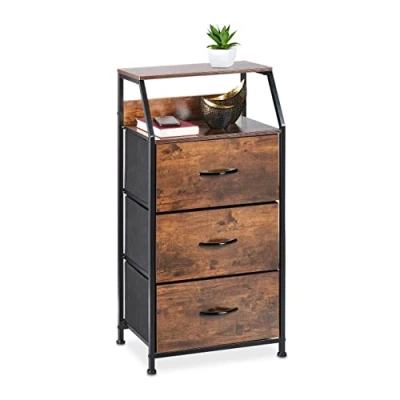 Image de Relaxdays Commode, 3 tiroirs 2 Surfaces, Livres, déco, Commode étagère Style Industriel, HxLxP: 92x45x30 cm, Marron/Noir