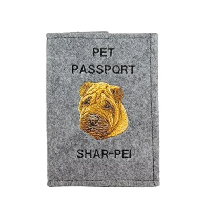 Image de Art Dog Couverture de Passeport pour Chien en Feutre Faite à la Main avec Motif Brodé Porte Voyage Vétérinaire Chiens 17x12,5cm Shar Pei