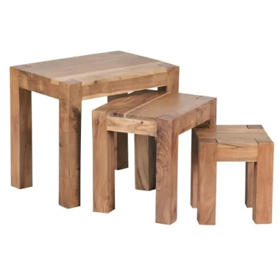 Image de WOHNLING Ensemble de 3 Tables gigognes Massif Acacia Salon Table d&#039;appoint Style Campagne Bois Naturel Brun foncé