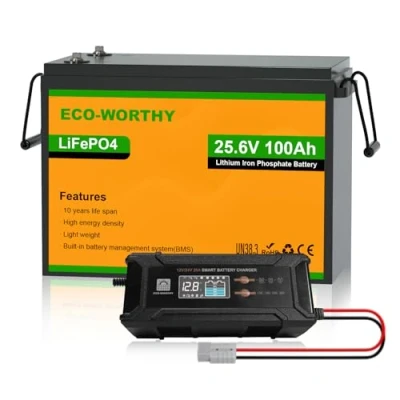 Image de ECO WORTHY Batterie Lithium 24V 100AH Bluetooth avec 12/24V 20A Chargeur, LiFePO4 24V, BMS Protection de température，Batterie pour Camping Car, Bateau, Caravane