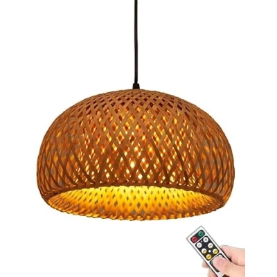 Image de Luminaire suspendu en rotin à piles avec télécommande, plafonnier sans fil, câblage, lustre osier de bambou pour îlot cuisine, salon, salle manger ( Color : Battery Operated_12 inch )