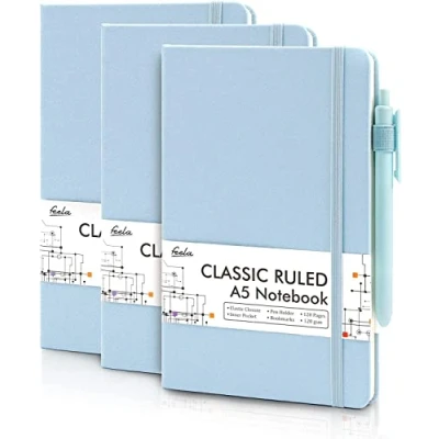 Image de Feela Lot de 3 Carnet Notes A5 avec Stylos Noirs, Ligné Classique à Couverture Rigide, Cuir Porte Stylo pour Travail et Prise Notes, 128 Pages,120 gsm,Bleu Clair
