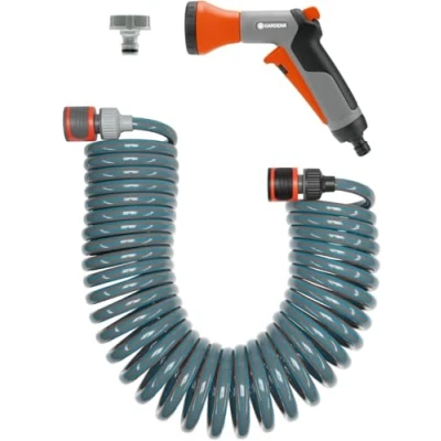 Image de Flexible d&#039;arrosage 10 m de Gardena : tuyau spiralé pour petites surfaces, force rappel, diamètre 9 mm, avec éléments du système et lance (4647 20)