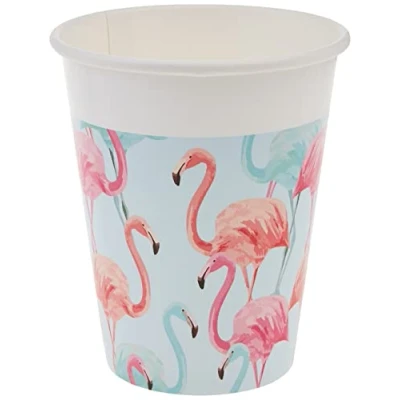 Image de Procos 92129 Lot de 8 gobelets en carton compostables Motif flamant rose tropical 200 ml