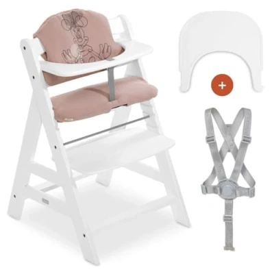 Image de hauck Chaise Haute Bébé Evolutive Bois Alpha Plus, dès 6 Mois, Inclus Plateau Bebe Repas Click Tray, Coussin Assise, Harnais 5 Points Blanc Minnie