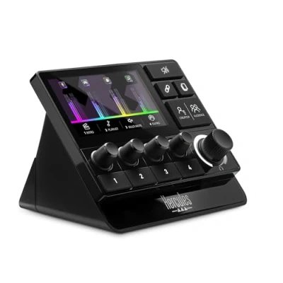 Image de Hercules Stream 200 XLR, Contrôleur audio pro pour la gestion en temps réel des mixes créateur / audience, avec Préamplificateur micro, Écran LCD, Encodeurs haute résolution, 4 boutons d’action