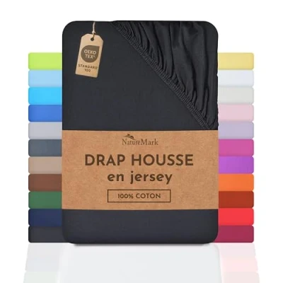 Image de NatureMark Drap Housse en Jersey, 100% Coton, Disponible dans de Nombreuses Tailles et Couleurs, qualité Oeko Tex Standard 100, 180 x 200 cm cm, Noir
