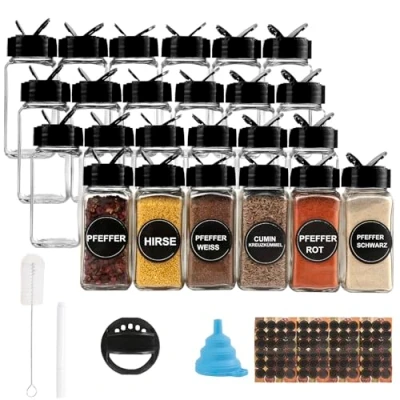Image de Lot de 24 pots à épices carrés en verre 120 ml avec couvercle noir, entonnoir, brosse, étiquettes et stylo craie, 10,5 x 4,3 cm