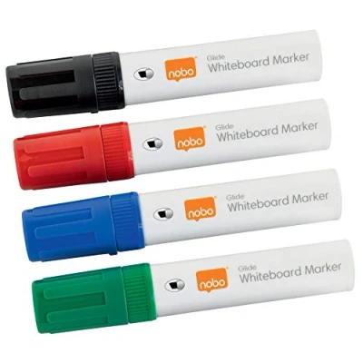Image de Nobo Marqueurs Effaçables à Sec Glide pour Tableau Blanc, Pointe Biseautée Large 10mm, Lot de 4, 1915393, Couleurs Assorties