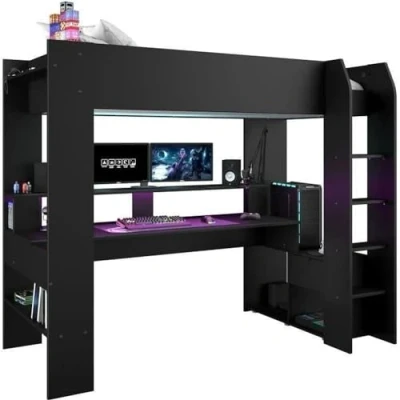 Image de Parisot Lit Mezzanine Combine Enfant LED Gamer Online 90 x 200 cm Noir Mat Sommier Inclus