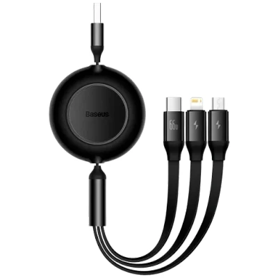 Image de Baseus 3 In 1 Extensible USB A À C + Micro Lightning Câble 1,1M Noir