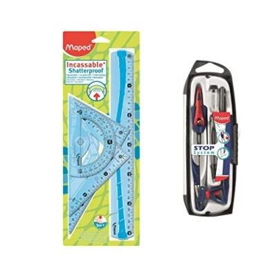 Image de MAPED Kit de Traçage 4 Pièces avec Règle 30cm, Rapporteur 180/12cm, Equerre 60/21cm, 45/21cm + Compas 5 Stop System Coloris Bleu ou Vert