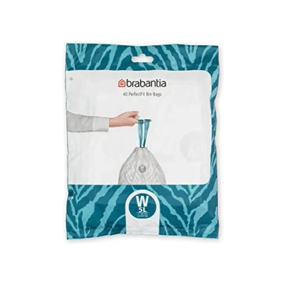 Image de Brabantia Sacs Poubelle PerfectFit (Code W/5 Litres) Ultra Résistant, Poignées Coulissantes (40 Sacs) 137846 Blanc
