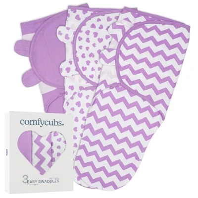 Image de Comfy Cubs Lot de 3 couvertures d&#039;emmaillotage réglables pour bébé 0 à Mois, Essentiels Nouveau né, 100% Coton Respirant, garçon et Fille (Violet, Taille S/M