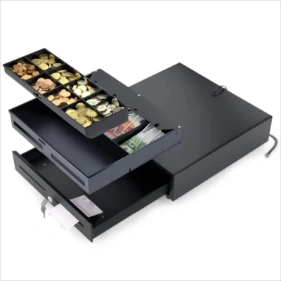 Image de ACROPAQ Tiroir caisse Ouverture électrique avec connexion RJ11, monnaie 41 x cm, Adapté pour installation sous le plancher monnaie, Noir