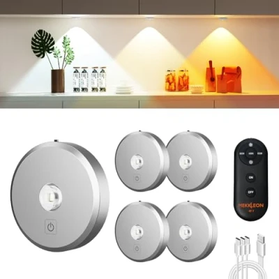 Image de MEKKLEON Puck lumières avec télécommande Rechargeable, sans fil sous l’éclairage d’armoire,2000mAh à piles Tap Push Touch (Silver, 5 Pcs)