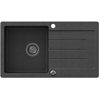 Image de VBChome Évier simple, en granit, noir, 77 x 44 cm, encastrable, réversible, moucheté, avec siphon