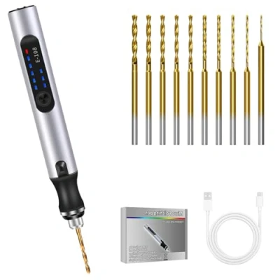 Image de Mini Perceuse Électrique Manuelle, Vankarr DIY Sans Fil à 3 Vitesses Rechargeable avec 10 Forets, Manuelle pour Modélisme, Bois, Résine, Fabrication de Bijoux