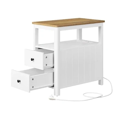 Image de VASAGLE Table d’Appoint avec Multiprise, de Chevet 2 Tiroirs, Petite Basse Étagère, pour Petits Espaces, Style Charme la Côte, Marron Chêne et Blanc LET327W14