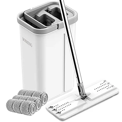 Image de BOSHENG Balai à Franges et Seau en Microfibre essorage Automatique avec 3 tampons lavables réutilisables, système de Nettoyage Sol Domestique pour Une Utilisation Humide sèche.