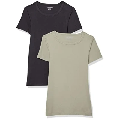 Image de Amazon Essentials T Shirt Col Rond à Manches Courtes Coupe Ajustée Femme, Lot de 2, Noir/Vert Sauge, XL