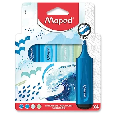 Image de Maped 4 Surligneurs Fluo&#039;Peps Pointe Biseautée Longue Durée Usage Scolaire et Professionnel Pastel, Fluos Encre à Paillettes Thème Océan Bleu/Vert