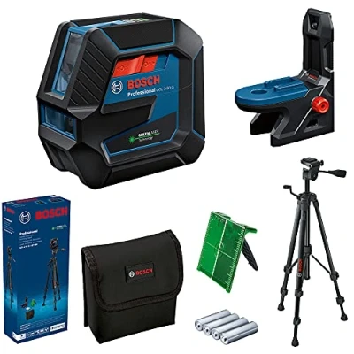 Image de Bosch Professional Niveau Laser GCL 2 50 G (faisceau vert, d&#039;intérieur, support RM 10, trépied BT 150, portée visible : jusqu’à 15 m, 4x piles AA, dans une boîte en carton)