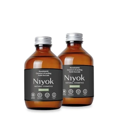 Image de Niyok® Huile de noix coco bio « menthe poivrée » (2 x 200 ml) Rinçage bouche aux huiles essentielles Cure tirage à l&#039;huile contre les caries, le tartre et la mauvaise haleine