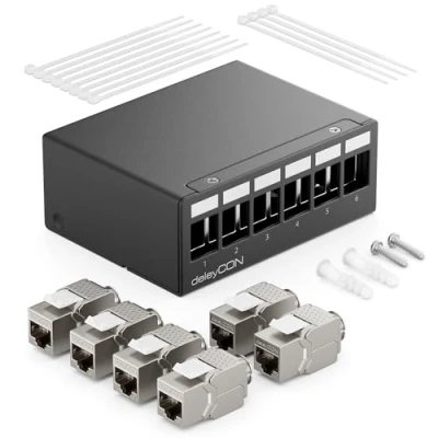 Image de deleyCON Panneau de Brassage 6 Ports Kit Distribution 1U + 6x RJ45 Modules Keystone Jack STP CAT6a Compatibles avec Câble Fixes CAT5 CAT6 CAT7 Câbles Réseau Ethernet LAN DSL Noir