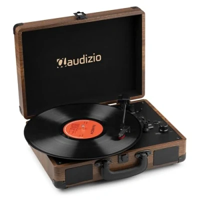 Image de Audizio RP116W Platine Vinyle Rétro avec Bluetooth in &amp; Out, Haut Parleurs Intégrés Acacia, Lecture 33/45 78 Tours, Idéal pour Écouter Vos Anciens Vinyles Préférés