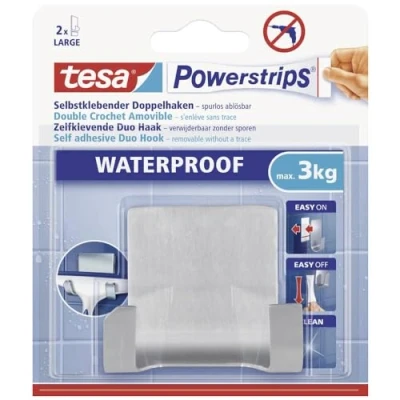 Image de Tesa Powerstrips Crochet Double Auto Adhésif Waterproof Amovible, Haut Pouvoir de Fixation pour Objets Jusqu&#039;à 3 Kg Patère Adhésive Salle Bains Métal Étanche Duo