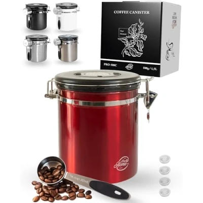 Image de Pro@Home43® Boîte à café hermétique 500 g Rouge Récipient de conservation pour grains 1,5 l en acier inoxydable avec fonction calendrier, cuillère doseuse et 4 valves rechange C02,