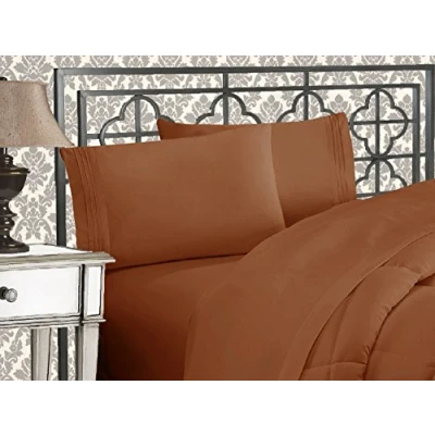 Image de Elegant Comfort Parure de lit Douce 4 pièces en Microfibre qualité hôtelière 1500 avec Broderie à Trois Lignes, résistante aux Plis et la décoloration, pour Grand lit, Bronze