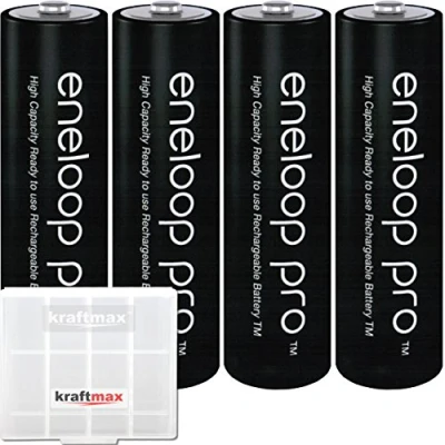Image de 4 pack Eneloop XX Pro piles AA 2550 mAh (2450 min.) . HR 3UWXB y compris la qualité Kraftmax Akkubox