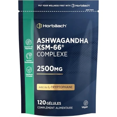 Image de Ashwagandha Complex 2500mg 120 Gélules Vegan Avec Tryptophane Plus Vitamine B12 et B6 Extrait de Poivre Noir Niacin Withanolides Haute Dosage by Horbaach