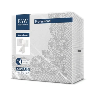 Image de PAW Serviette de Table Papier Airlaid (40 x 40 cm) I 50 Pièces Idéal pour Mariage, Baptême, Communion, Anniversaire Décoration avec Motif au Dos Reverse Royal Lace Argent Blanc