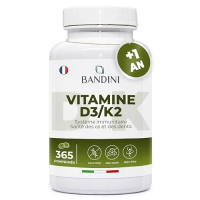 Image de Bandini® Vitamine D3 K2 (MK7) Extra Fort 365 Comprimés (1 An) 2000 UI Cholécalciférol + 200 mcg Ménaquinone Pour les Os, Muscles, le Système Immunitaire, Dents Vitamines MK 7