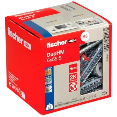 Image de fischer Lot de 25 chevilles DuoHM 6 x 55 S TX, à plaque avec vis tête panhée métrique et entraînement TX pour fixer des supports TV, luminaires, étagères murales, etc. dans les