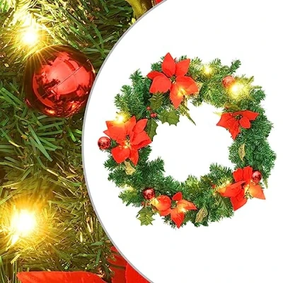 Image de ARKEM Couronne De Noël avec lumières LED Vert 60 cm PVC,Sapin Mural,Couronne Noel Porte