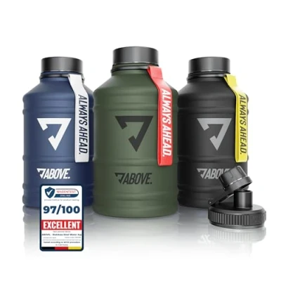Image de ABOVE. Gourde en Acier Inoxydable 1.3L / 2.2L I 2 Bouchons Inclus Sans BPA Bouteille Sport XXL Robuste &amp; Étanche pour et Extérieur PAS ISOTHERME (2.2L Bleu)