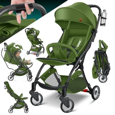 Image de KIDIZ® Poussette pliable de qualité supérieure Roues à 360 Sangle 5 points Avec porte gobelet et housse pluie Dossier réglable capote Kaki